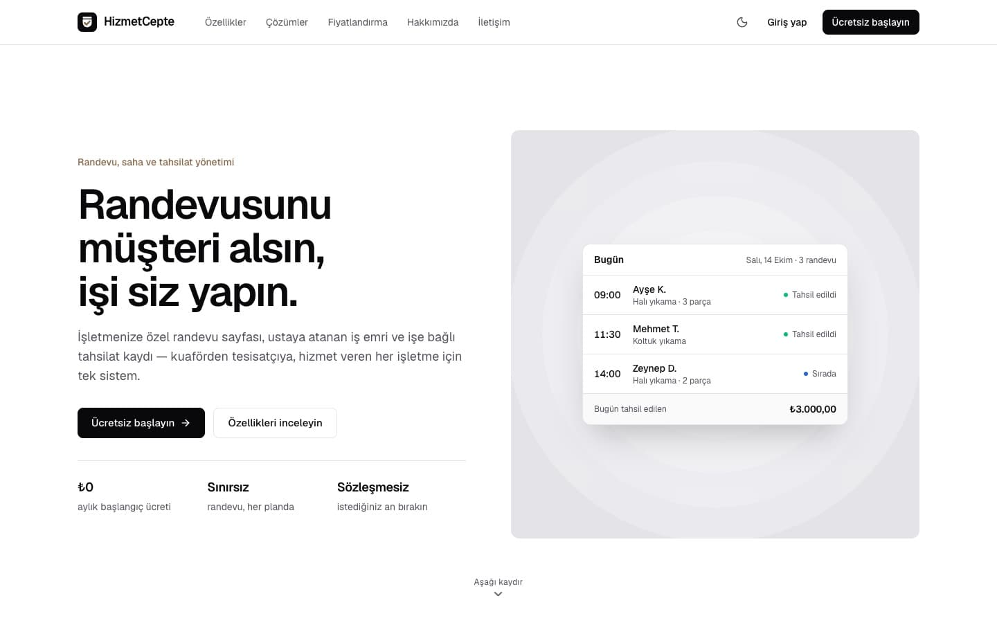 HizmetCepte'nin sitesi: randevusunu müşteri alsın, işi siz yapın