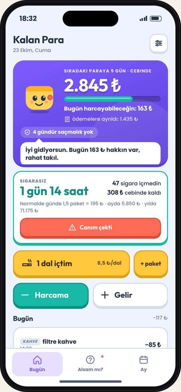 Cebindeki para, bugünkü hakkın ve sigarasız sayaç