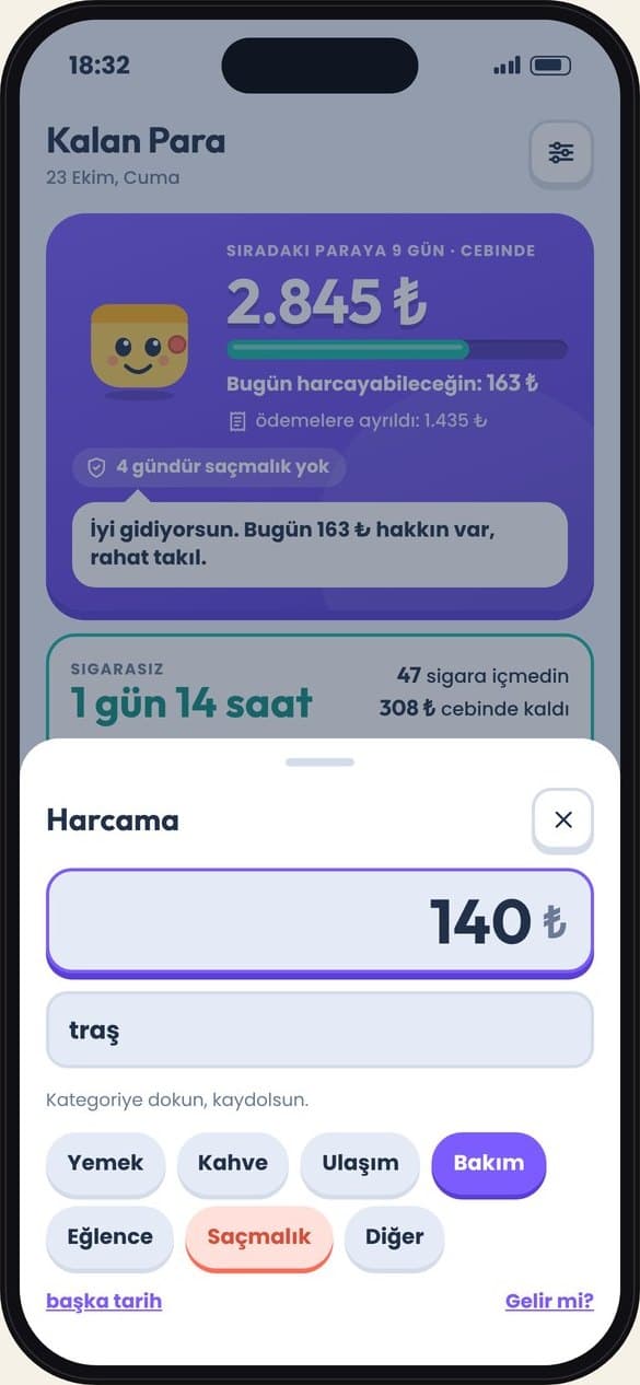 Harcama: tutar yaz, kategoriye dokun, bitti